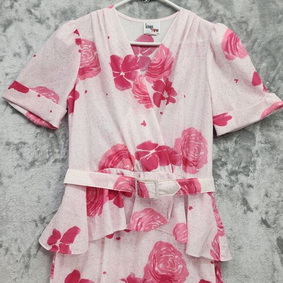 Vintage 80s Kings Row Dress Womens 11/12 Pink Floral Belted Peplum Short Sleeves - Picture 2 of 12